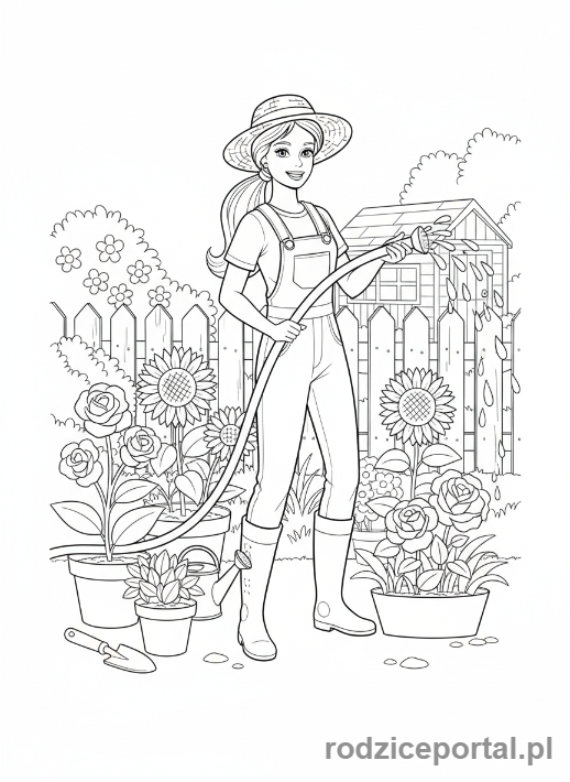 Kolorowanka Barbie - Barbie jako ogrodniczka z wężem ogrodowym.