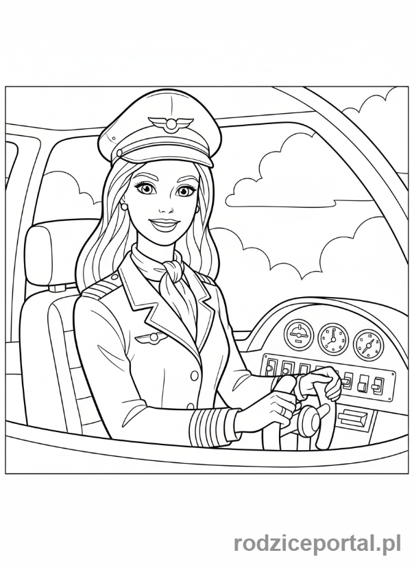 Kolorowanka Barbie - Barbie jako pilotka w kokpicie samolotu.