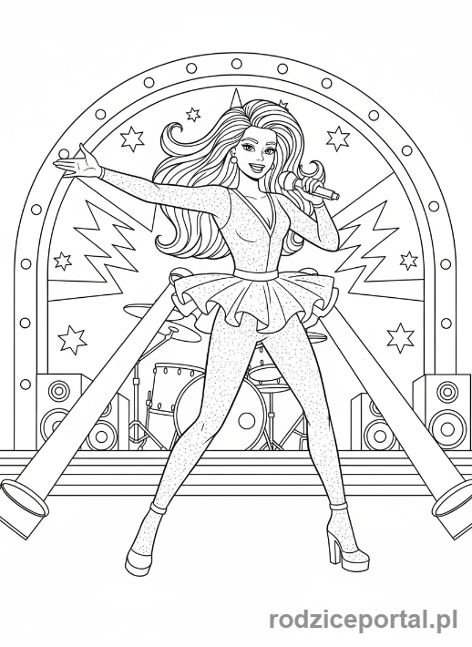 Kolorowanka Barbie - Barbie jako piosenkarka na scenie.