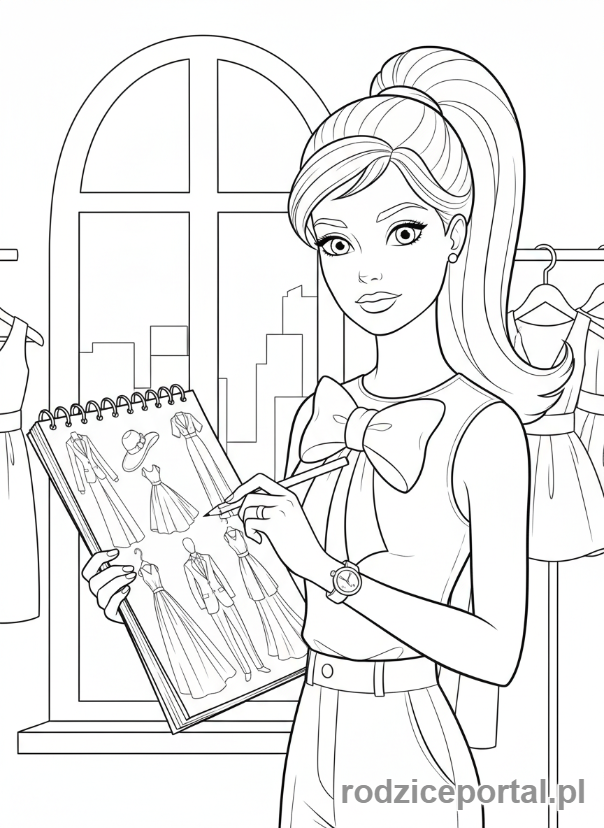 Kolorowanka Barbie - Barbie jako projektantka mody z szkicownikiem.