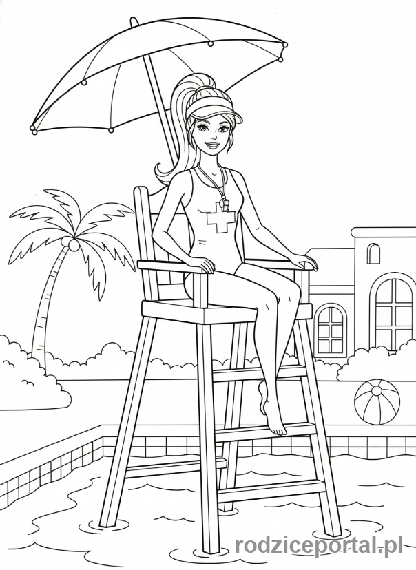Kolorowanka Barbie - Barbie jako ratowniczka na basenie.