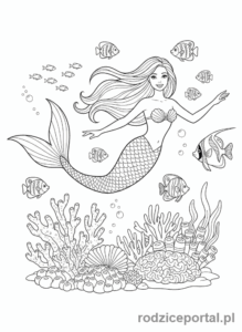 Kolorowanka Barbie - Barbie jako syrenka pływająca pod wodą.