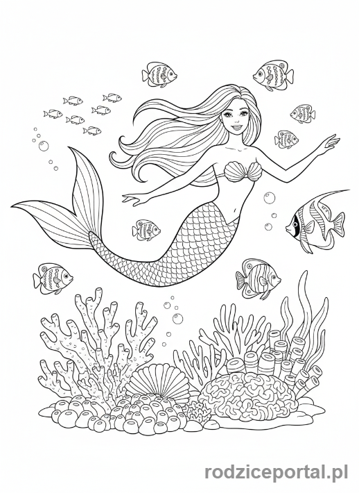 Kolorowanka Barbie - Barbie jako syrenka pływająca pod wodą.
