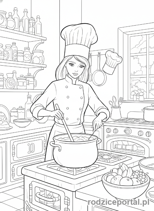 Kolorowanka Barbie - Barbie jako szef kuchni gotująca obiad.