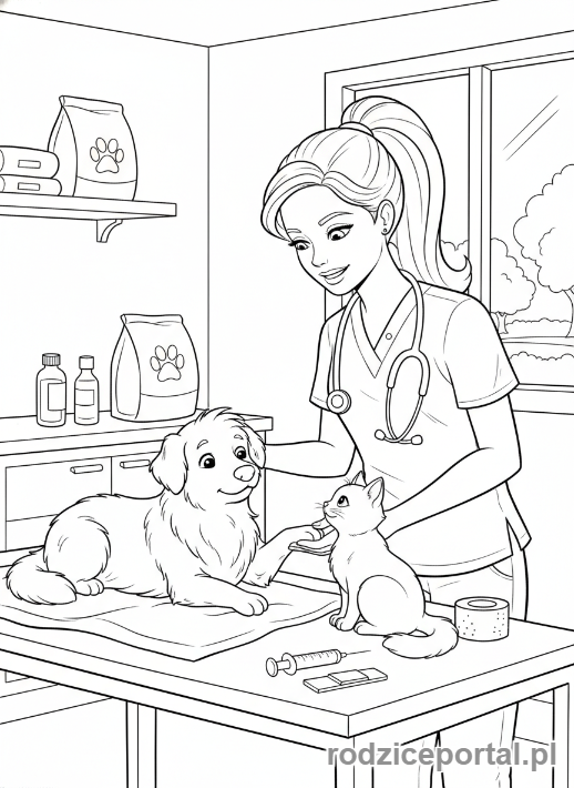Kolorowanka Barbie - Barbie jako weterynarz z psem i kotem.