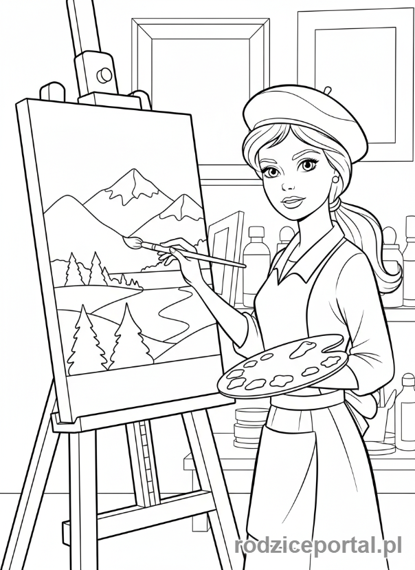 Kolorowanka Barbie - Barbie malująca pejzaż na sztaludze.