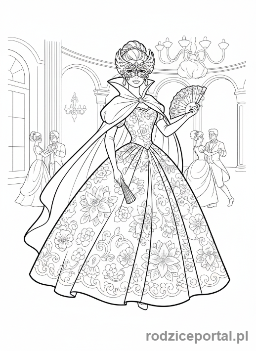Kolorowanka Barbie - Barbie na balu maskowym z maską.