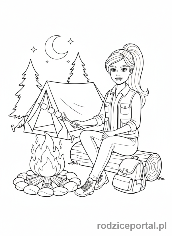 Kolorowanka Barbie - Barbie na biwaku rozpalająca ognisko.