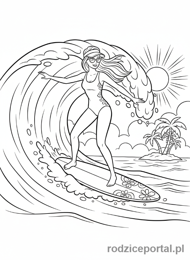 Kolorowanka Barbie - Barbie na desce surfingowej na fali.