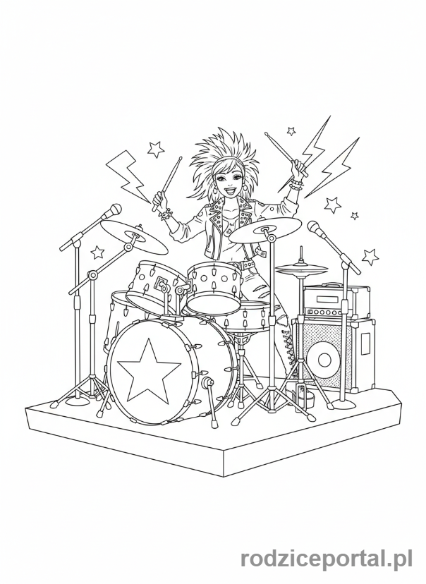 Kolorowanka Barbie - Barbie na koncercie grająca na bębnach.