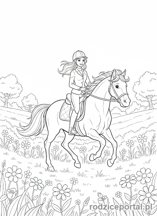 Kolorowanka Barbie - Barbie na koniu galopującym przez łąkę.