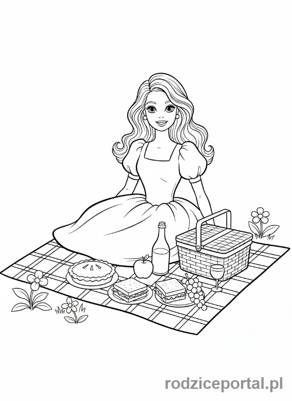 Kolorowanka Barbie - Barbie na pikniku z koszem i jedzeniem.