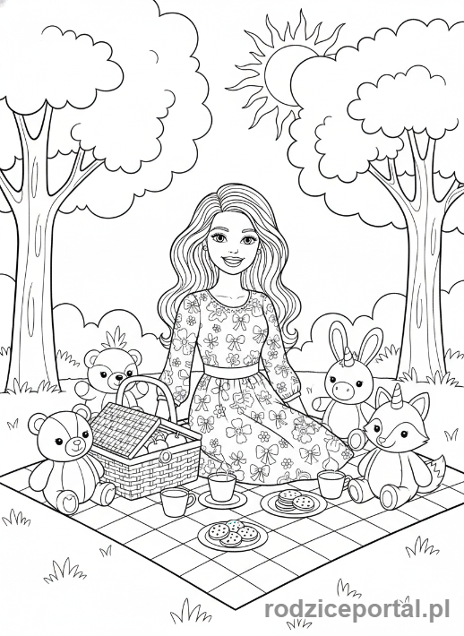 Kolorowanka Barbie - Barbie na pikniku z pluszakami.
