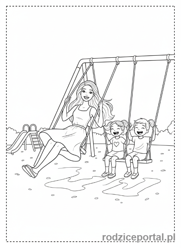 Kolorowanka Barbie - Barbie na placu zabaw z dziećmi.