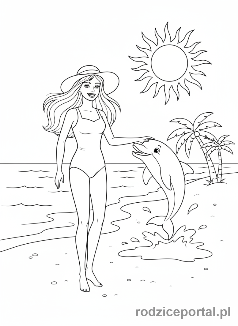 Kolorowanka Barbie - Barbie na plaży z delfinem.