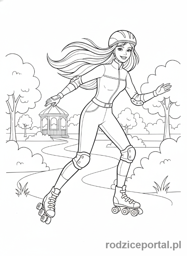 Kolorowanka Barbie - Barbie na rolkach w parku.