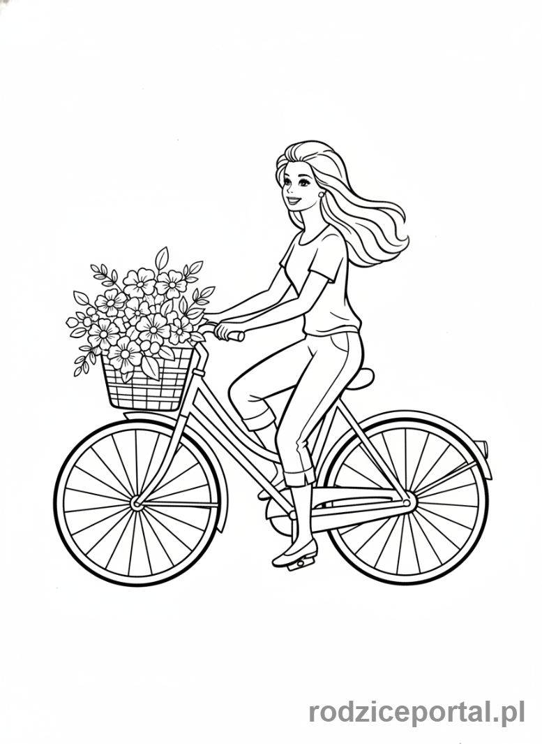 Kolorowanka Barbie - Barbie na rowerze z koszykiem kwiatów.