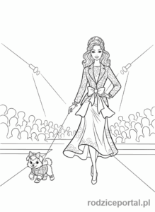 Kolorowanka Barbie - Barbie na wybiegu z modnym psem.