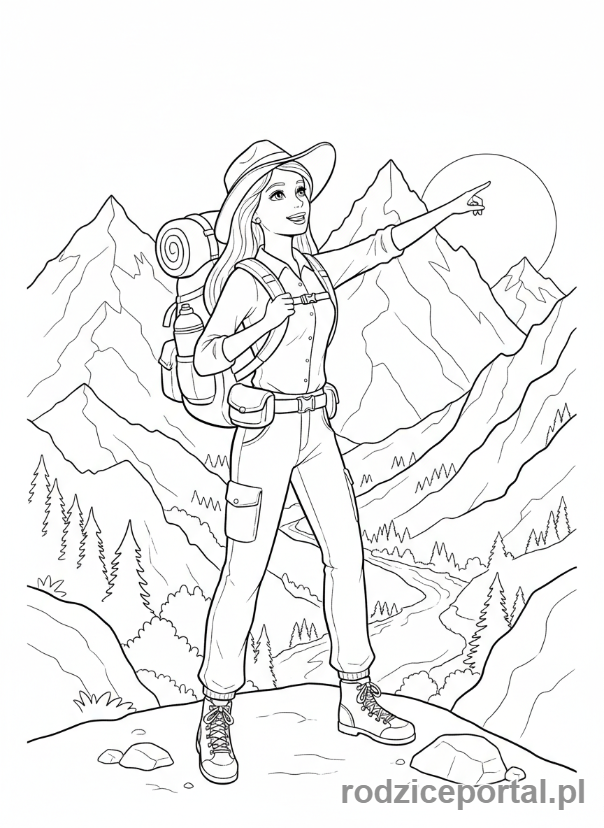 Kolorowanka Barbie - Barbie na wycieczce pieszej z plecakiem.