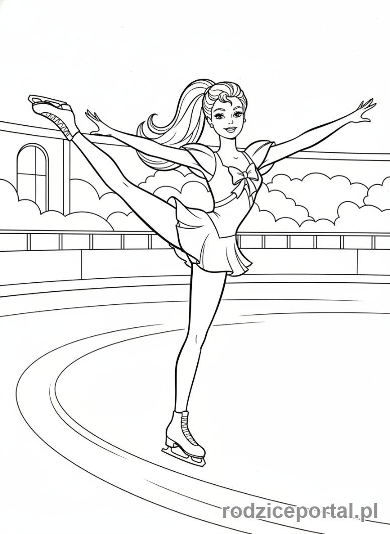 Kolorowanka Barbie - Barbie na łyżwach na lodowisku.