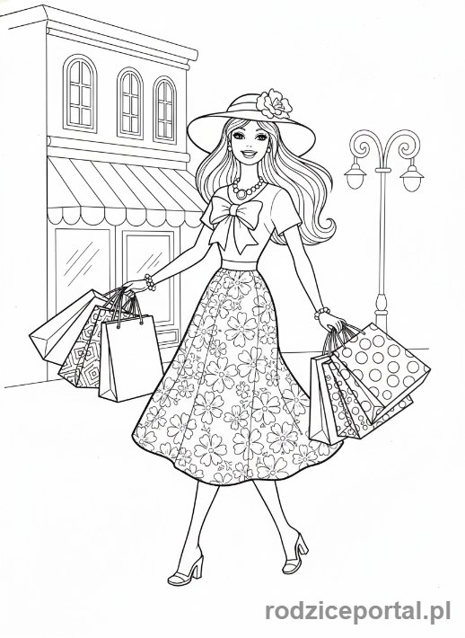 Kolorowanka Barbie - Barbie na zakupach z torbami.