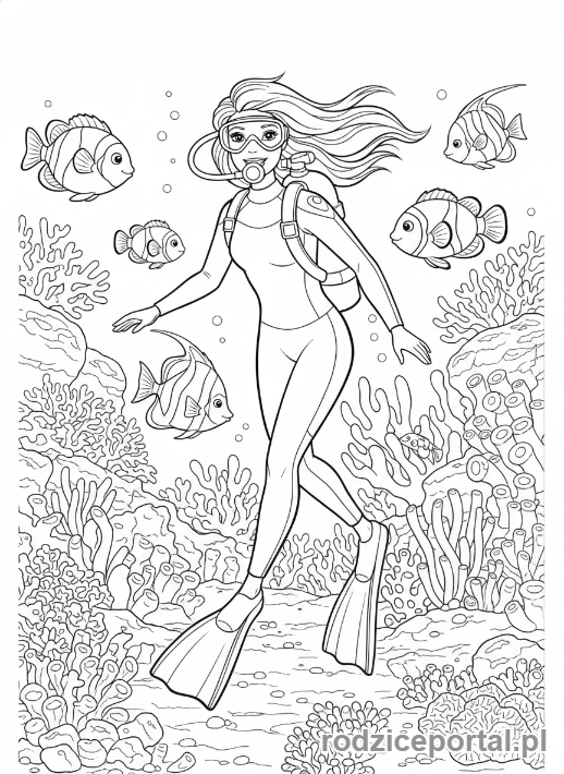 Kolorowanka Barbie - Barbie nurkująca z rybkami.