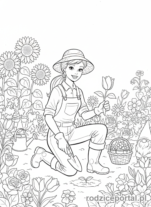 Kolorowanka Barbie - Barbie ogrodniczka sadząca kwiaty.
