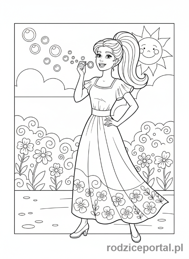 Kolorowanka Barbie - Barbie robiąca bańki mydlane.