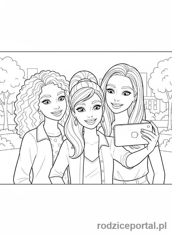 Kolorowanka Barbie - Barbie robiąca selfie z przyjaciółkami.