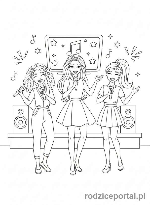 Kolorowanka Barbie - Barbie śpiewająca karaoke z przyjaciółkami.