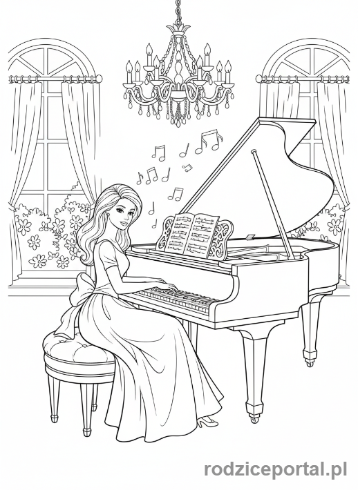 Kolorowanka Barbie - Barbie ucząca się grać na pianinie.