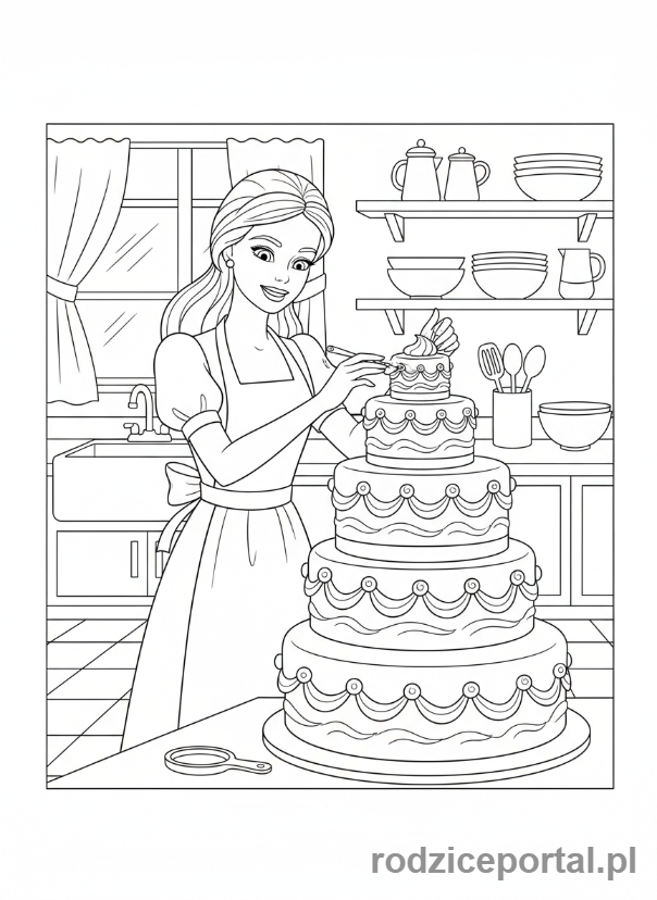 Kolorowanka Barbie - Barbie w kuchni dekorująca tort.