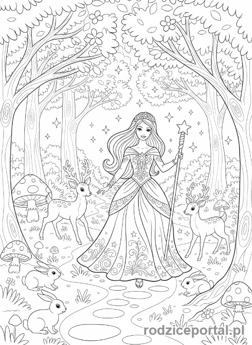 Kolorowanka Barbie - Barbie w lesie z leśnymi zwierzętami.