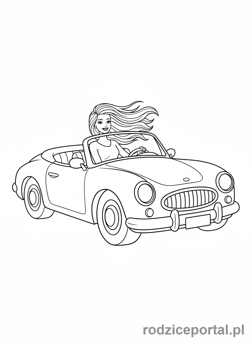 Kolorowanka Barbie - Barbie w samochodzie z otwartym dachem.