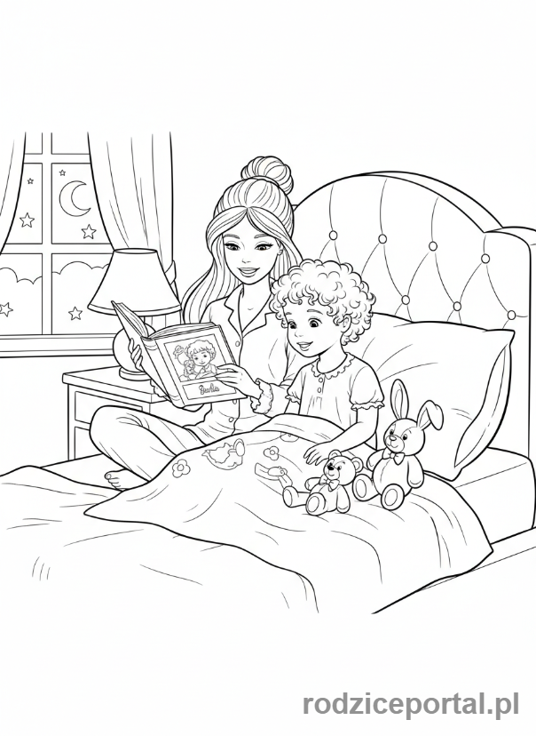 Kolorowanka Barbie - Barbie w sypialni czytająca dobranockę.