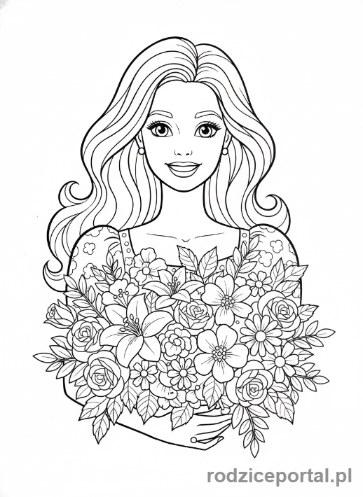 Kolorowanka Barbie - Barbie z bukietem kwiatów.