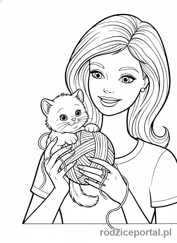 Kolorowanka Barbie - Barbie z kotkiem bawiącym się kłębkiem.