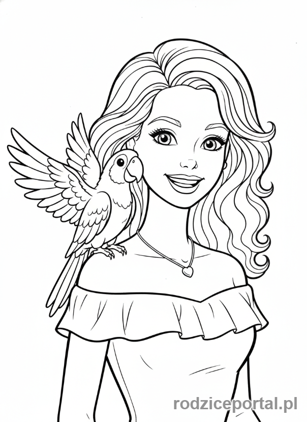 Kolorowanka Barbie - Barbie z papugą na ramieniu.