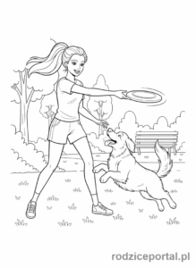 Kolorowanka Barbie - Barbie z psem bawiącym się frisbee.