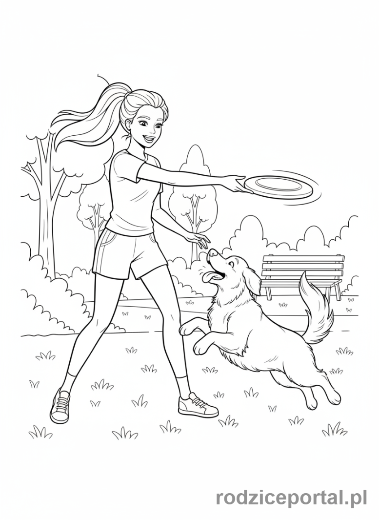 Kolorowanka Barbie - Barbie z psem bawiącym się frisbee.