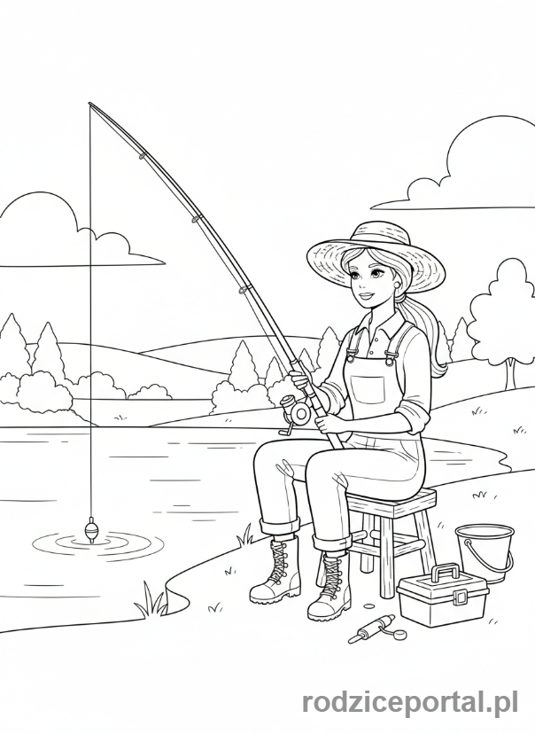 Kolorowanka Barbie - Barbie z wędką łowiąca ryby.