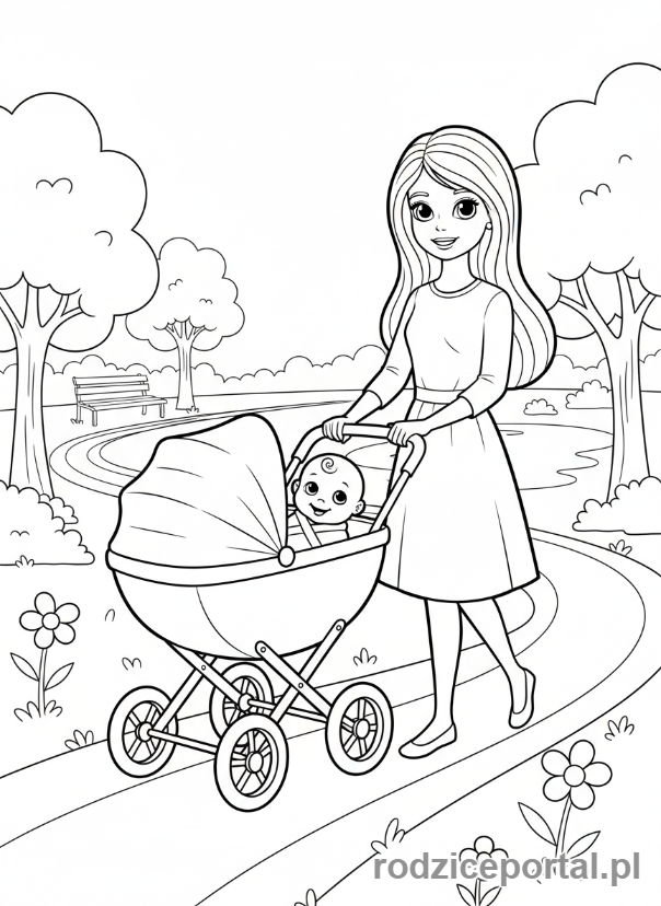 Kolorowanka Barbie - Barbie z wózkiem dziecięcym i niemowlakiem.