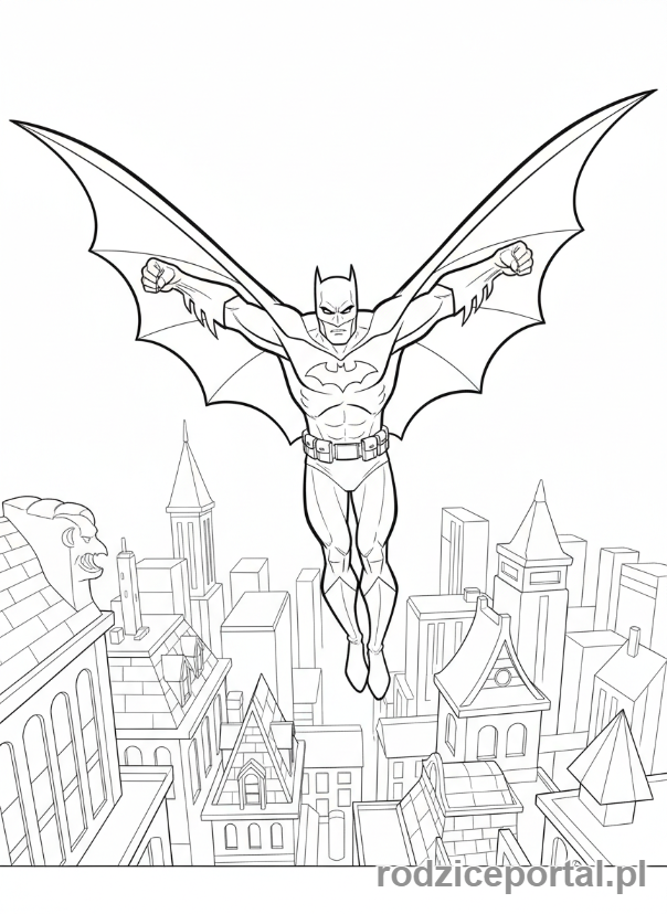 Kolorowanka Batman - Batman lecący nad miastem