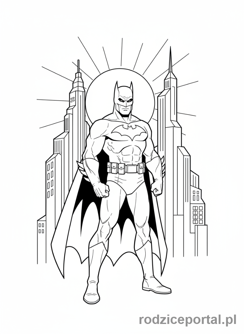 Kolorowanka Batman - Batman na tle panoramy Gotham o wschodzie słońca