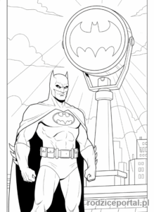 Kolorowanka Batman - Batman obok sygnału Batmana na niebie