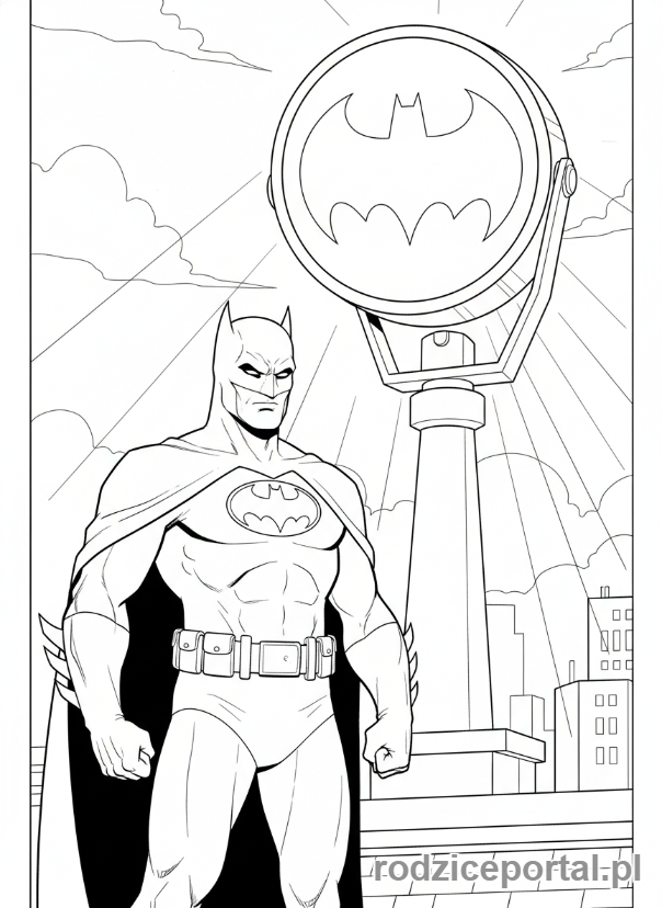Kolorowanka Batman - Batman obok sygnału Batmana na niebie