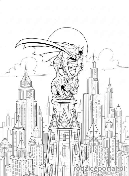 Kolorowanka Batman - Batman obserwujący Gotham z posągu gargulca
