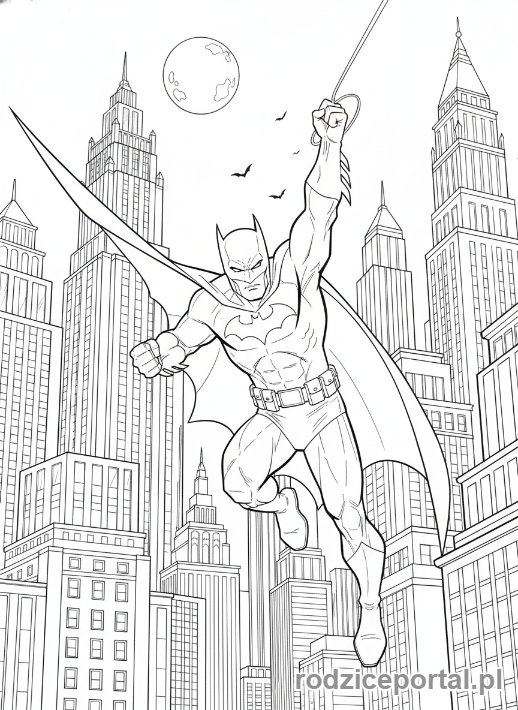 Kolorowanka Batman - Batman szybujący z liną nad Gotham City