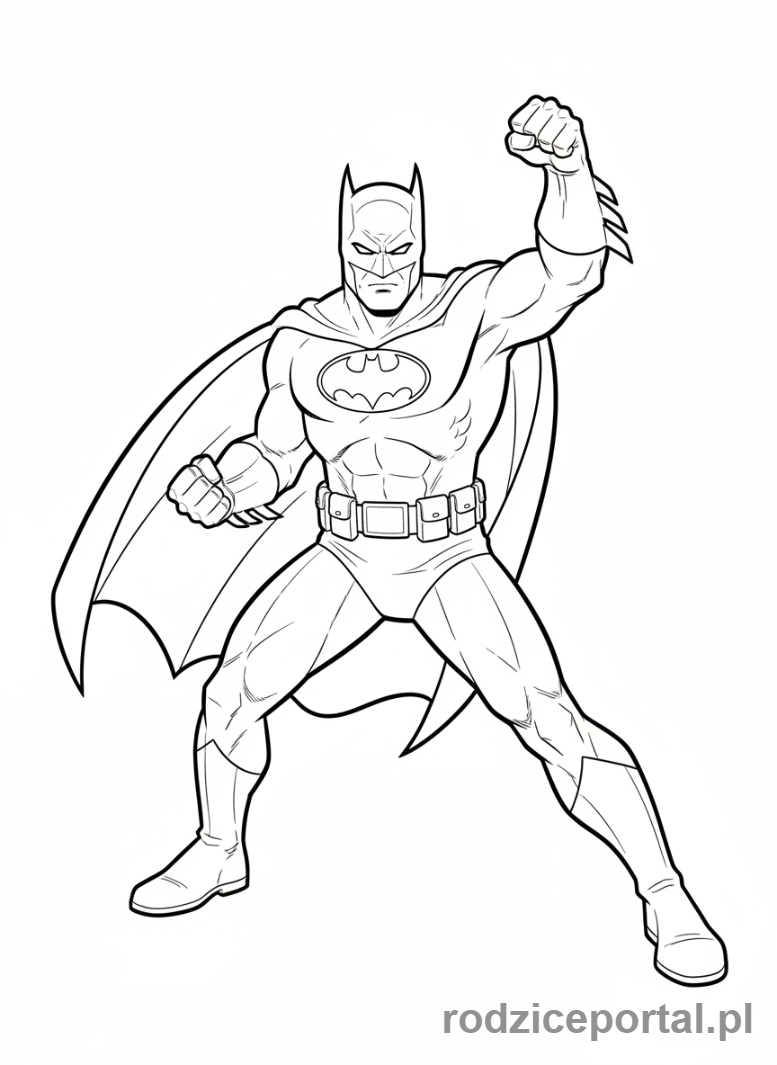 Kolorowanka Batman - Batman z pięścią uniesioną w górę, dynamiczna poza