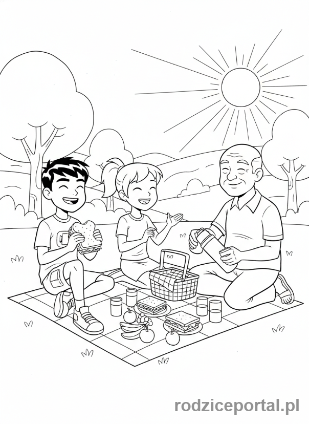 Kolorowanka Ben 10 - Ben, Gwen i Dziadek Max na pikniku, zadowoleni.